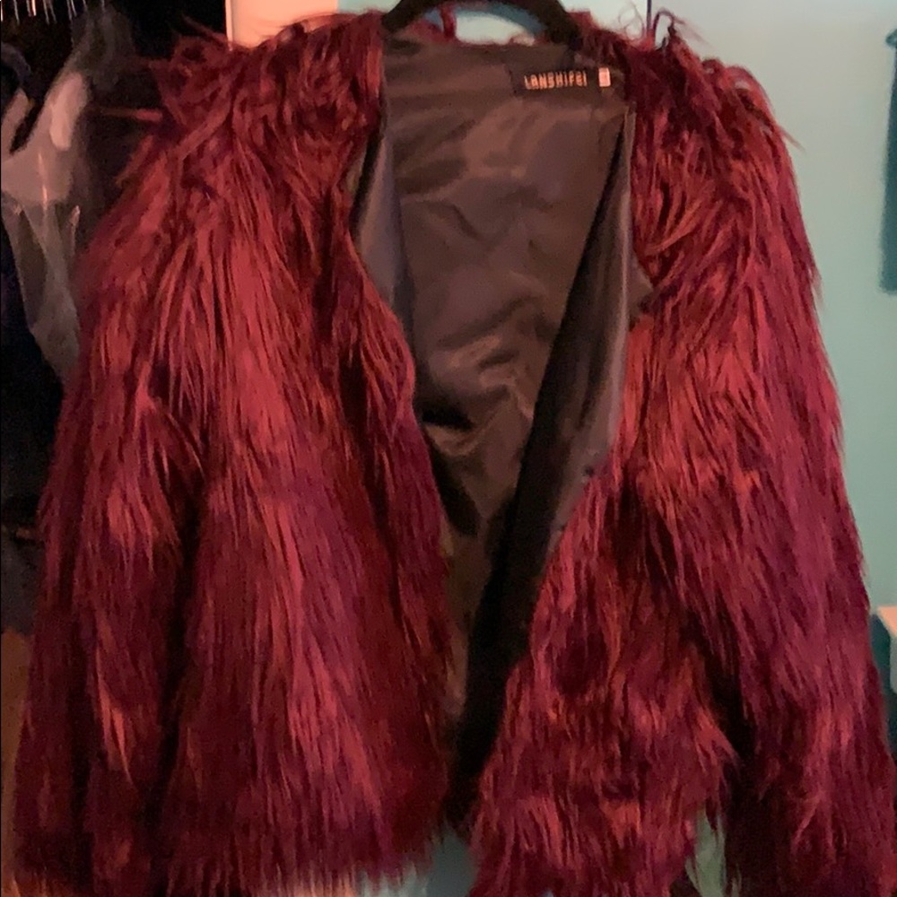 Amazon Maroon Faux Fur Coat